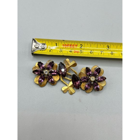 Antique Brooch Purple Rhinestones Flowers Clovers Leaf Pin Older Vintage Jewelry - Picture 5 of 6